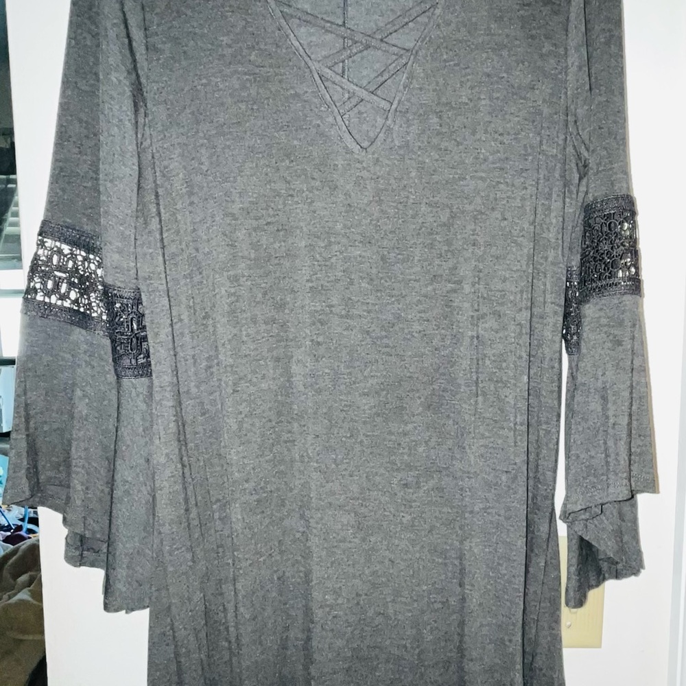 Gray Lace-Inset Bell Sleeve Tunic